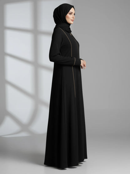 Black Abaya with Beige Piping and Full Zipper