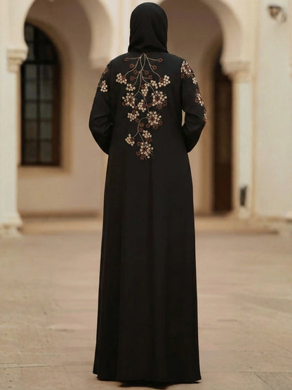 Black Nida Abaya with Floral Embroidery on Sleeves & Back