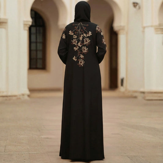 Black Nida Abaya with Floral Embroidery on Sleeves & Back