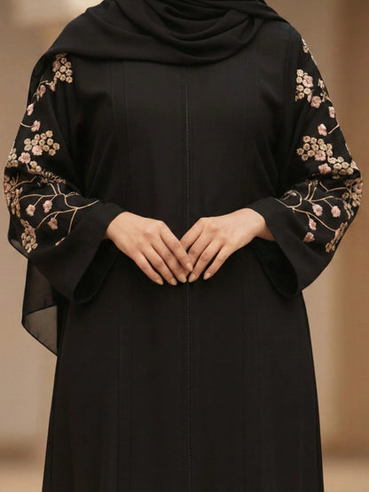 Black Nida Abaya with Floral Embroidery on Sleeves & Back