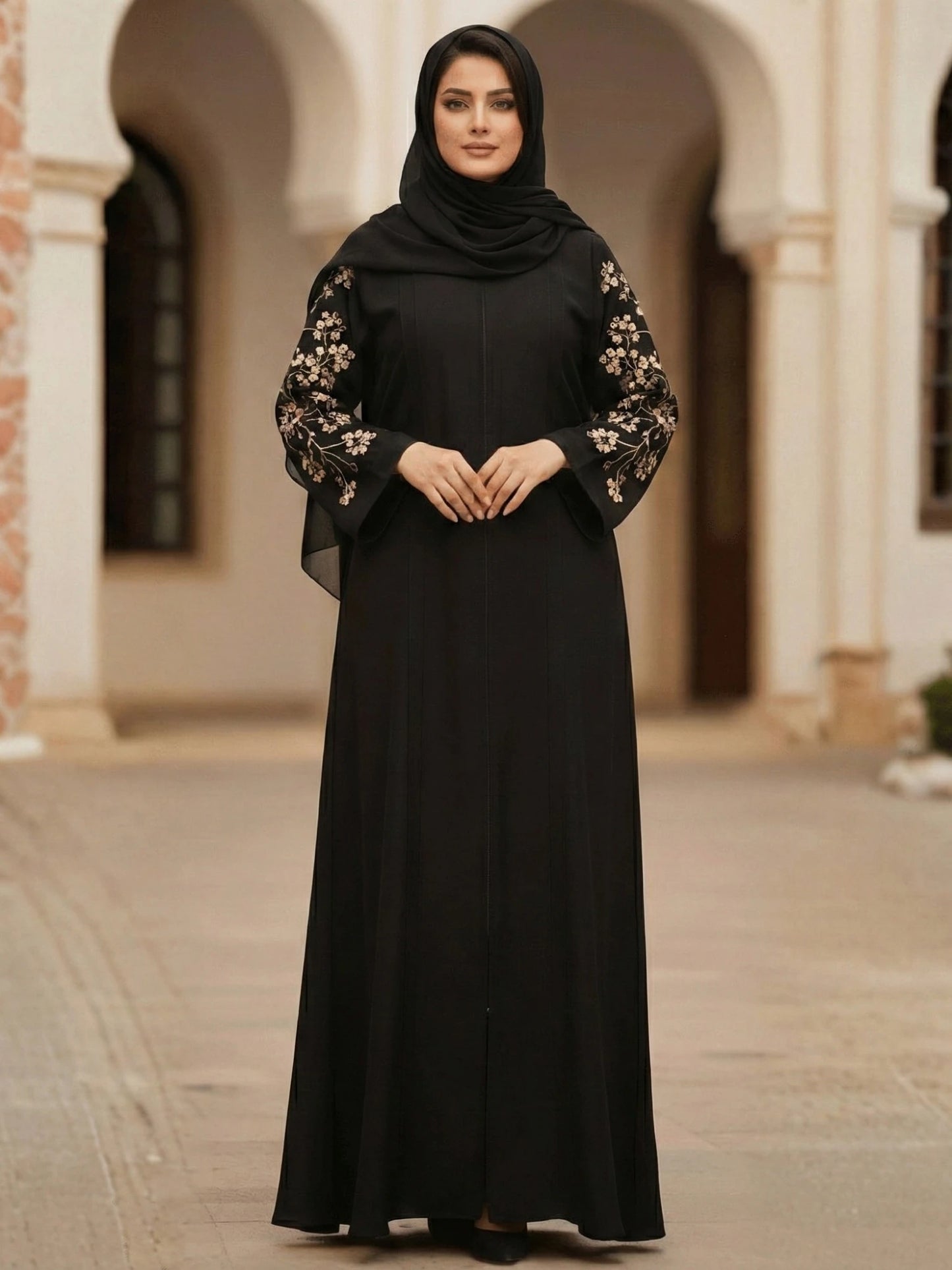 Black Nida Abaya with Floral Embroidery on Sleeves & Back