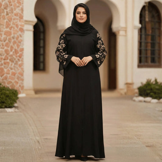 Black Nida Abaya with Floral Embroidery on Sleeves & Back