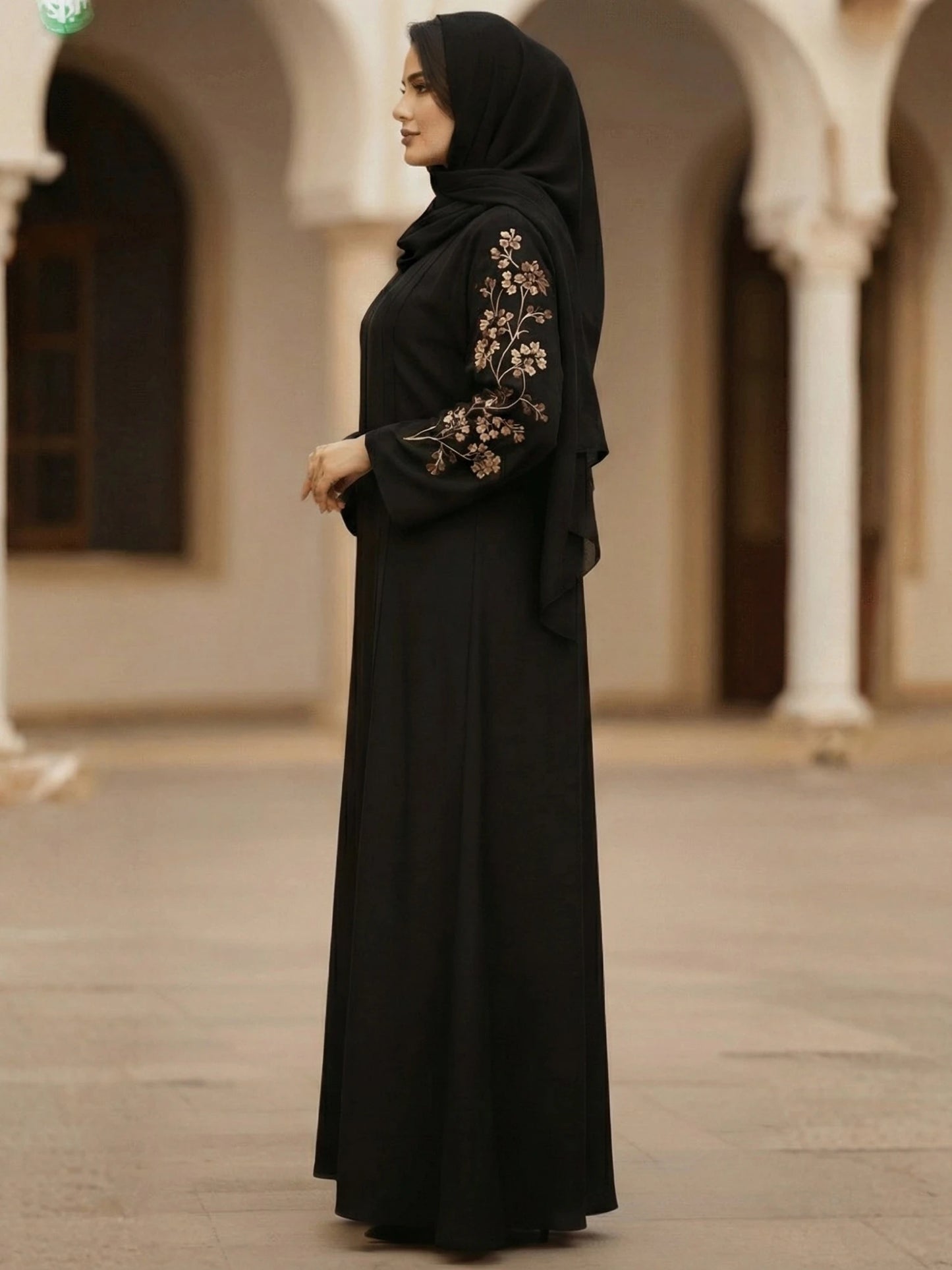 Black Nida Abaya with Floral Embroidery on Sleeves & Back