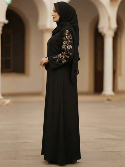 Black Nida Abaya with Floral Embroidery on Sleeves & Back