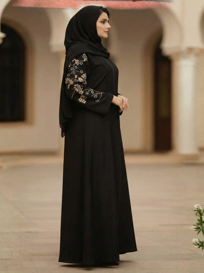 Black Nida Abaya with Floral Embroidery on Sleeves & Back