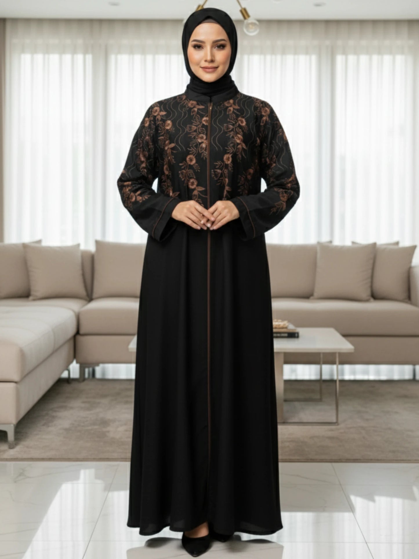 Black Nida Abaya with Computerized Embroidery