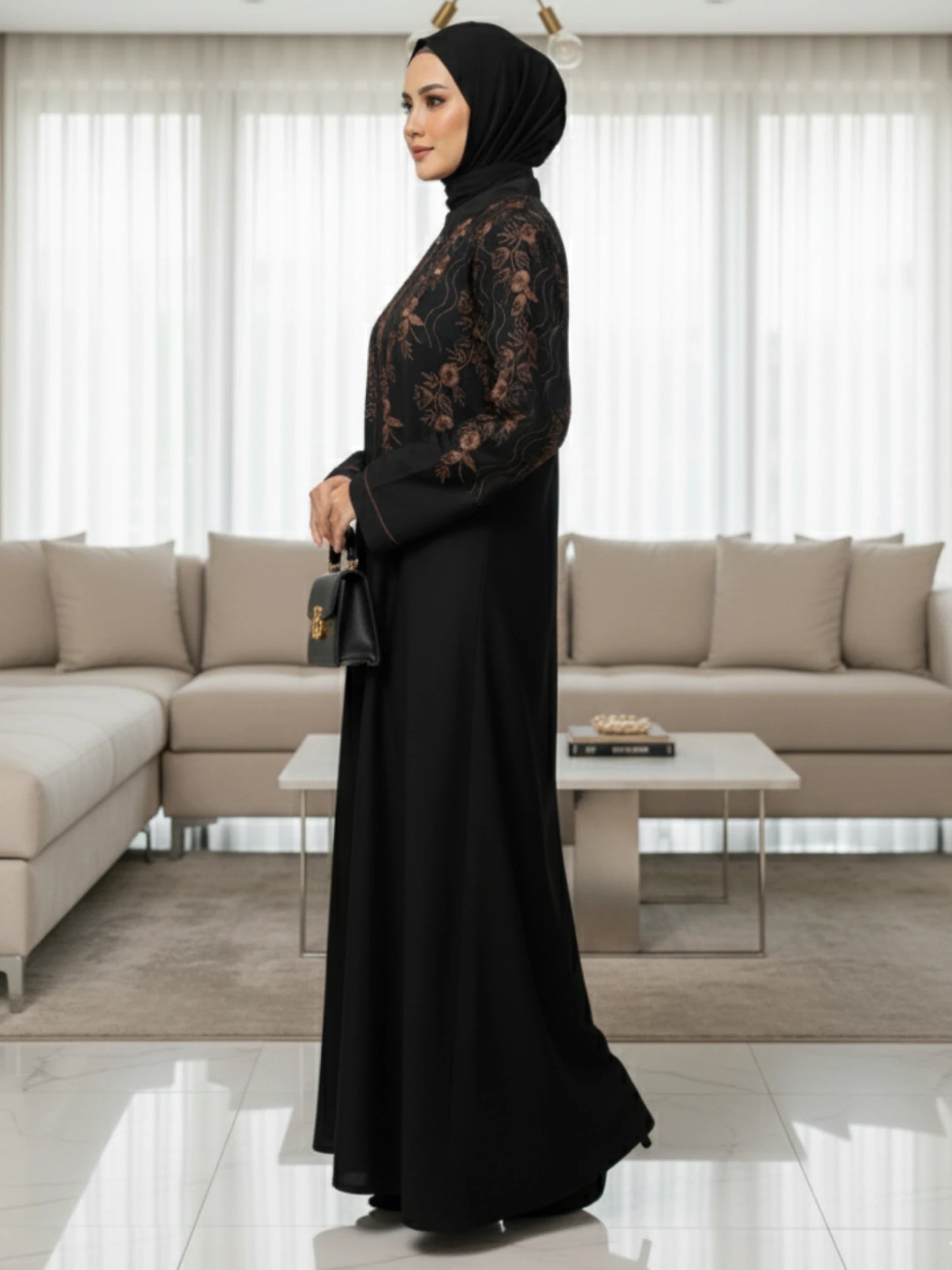 Black Nida Abaya with Computerized Embroidery