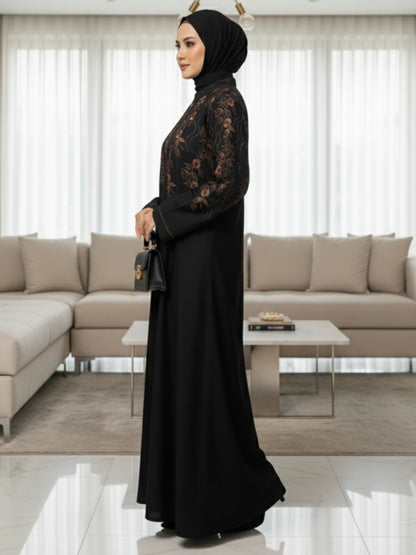 Black Nida Abaya with Computerized Embroidery