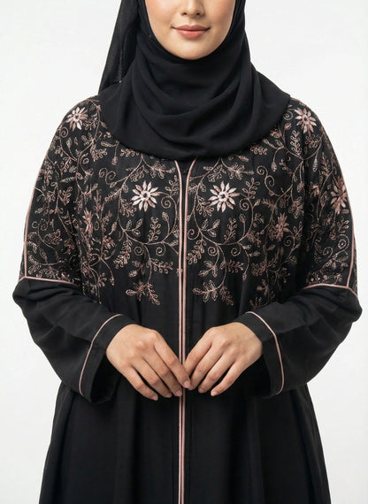 Black Kaftan Abaya with Thread Embroidery