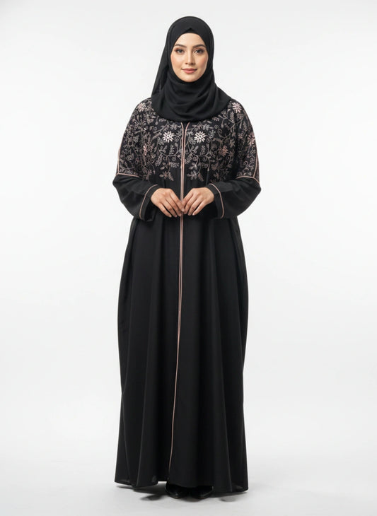 Black Kaftan Abaya with Thread Embroidery