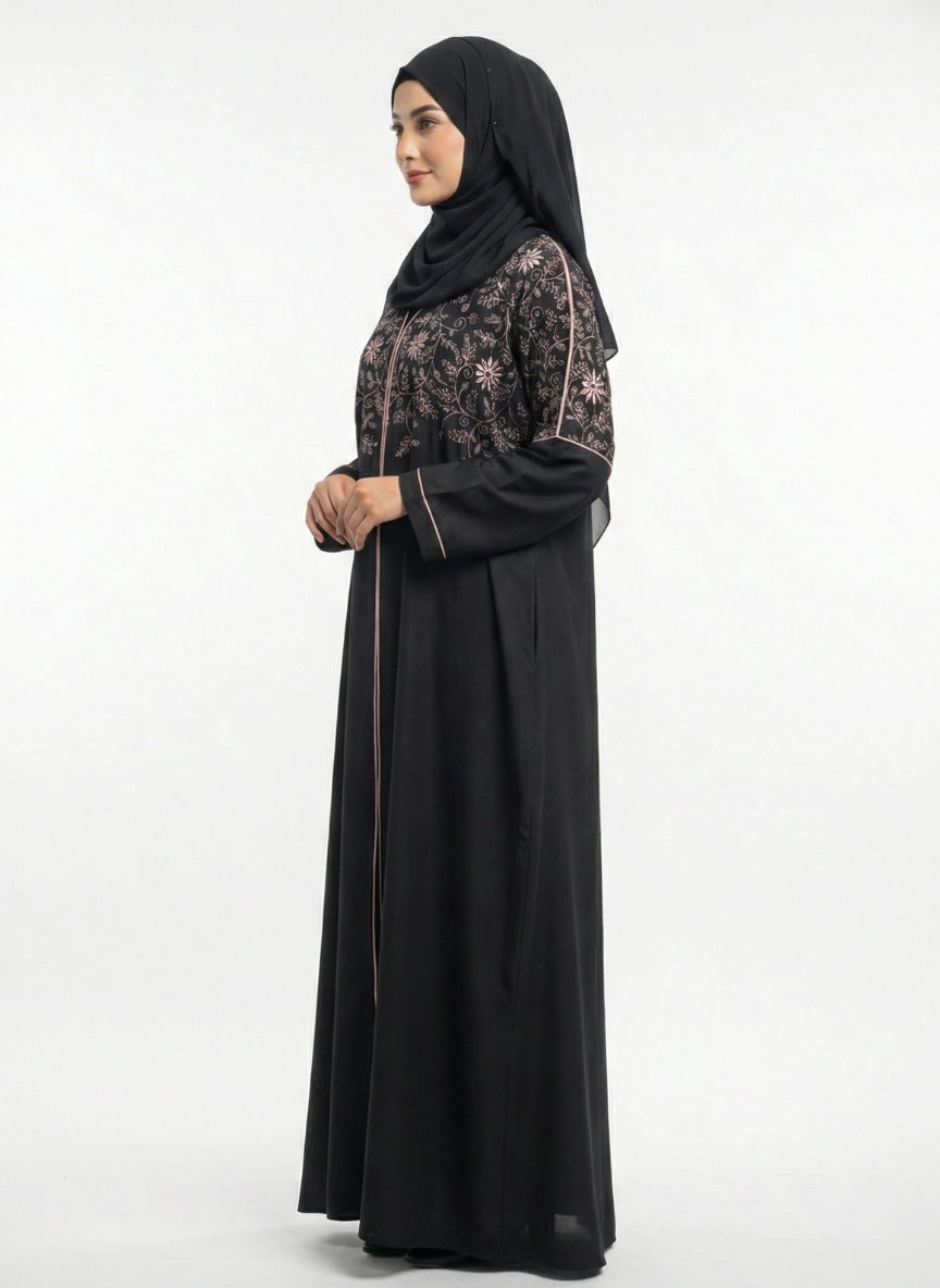 Black Kaftan Abaya with Thread Embroidery