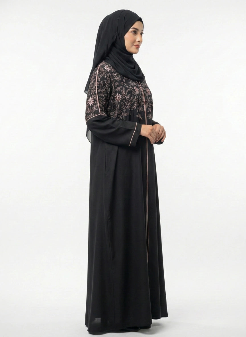 Black Kaftan Abaya with Thread Embroidery