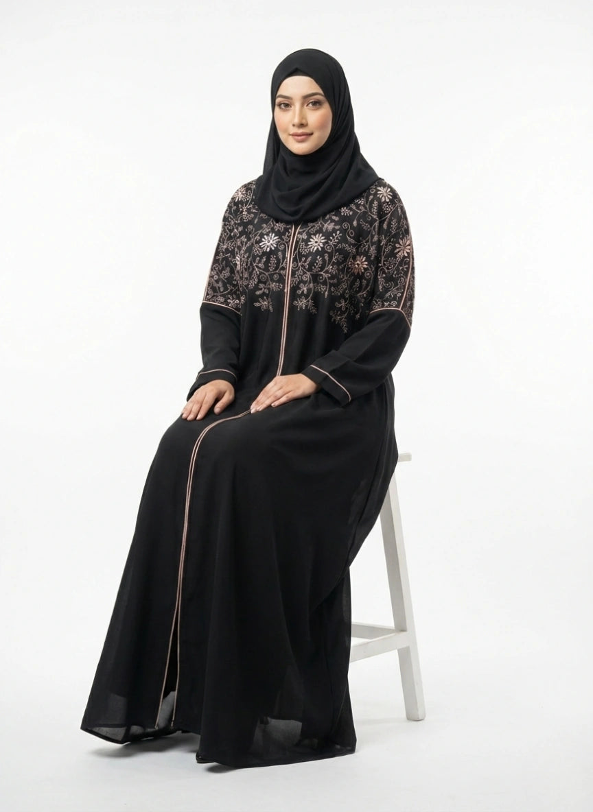 Black Kaftan Abaya with Thread Embroidery
