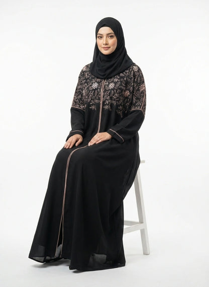 Black Kaftan Abaya with Thread Embroidery