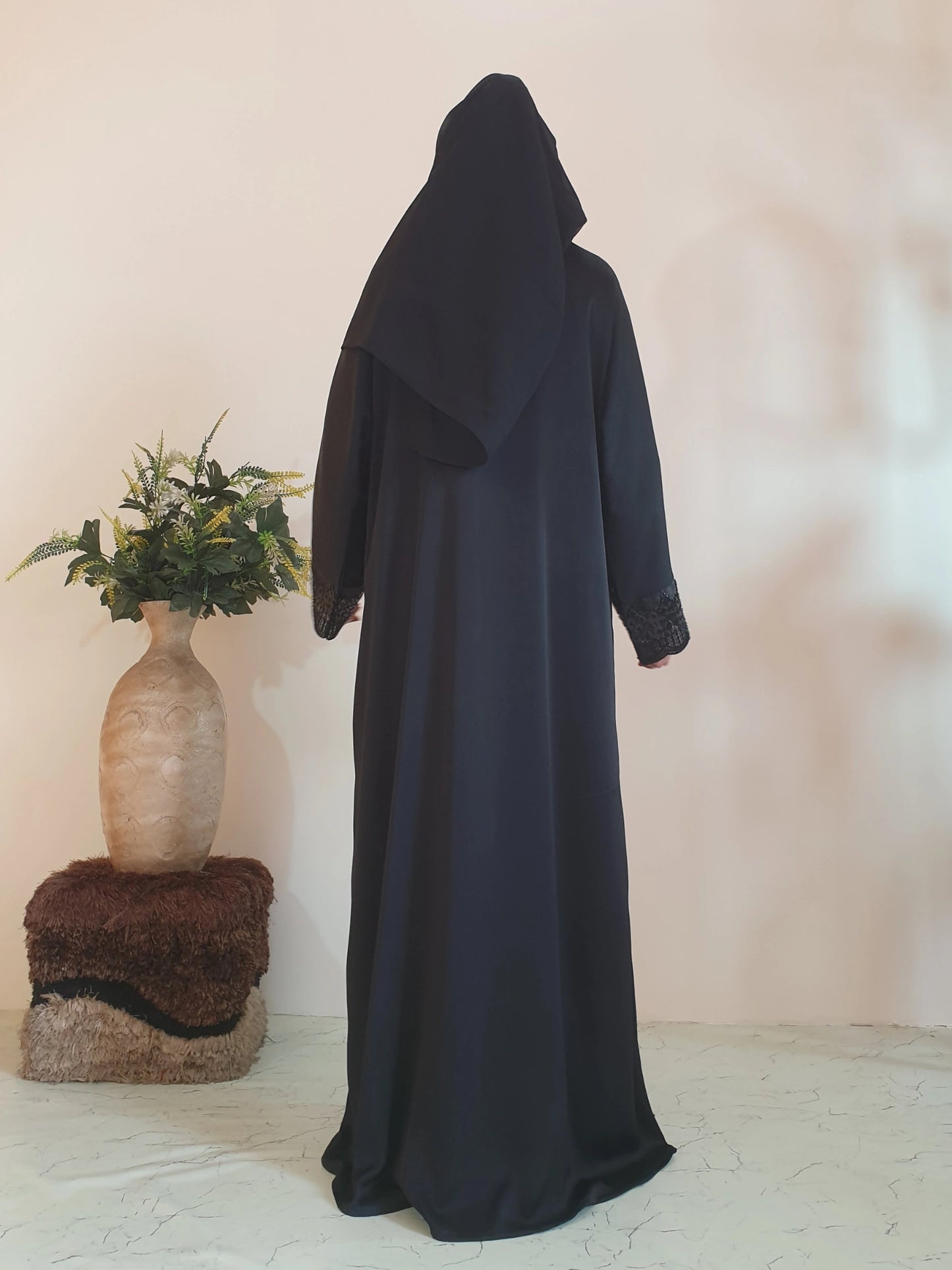 Black Beaded Sleeves Abaya - Imported Tiktok - Front Open