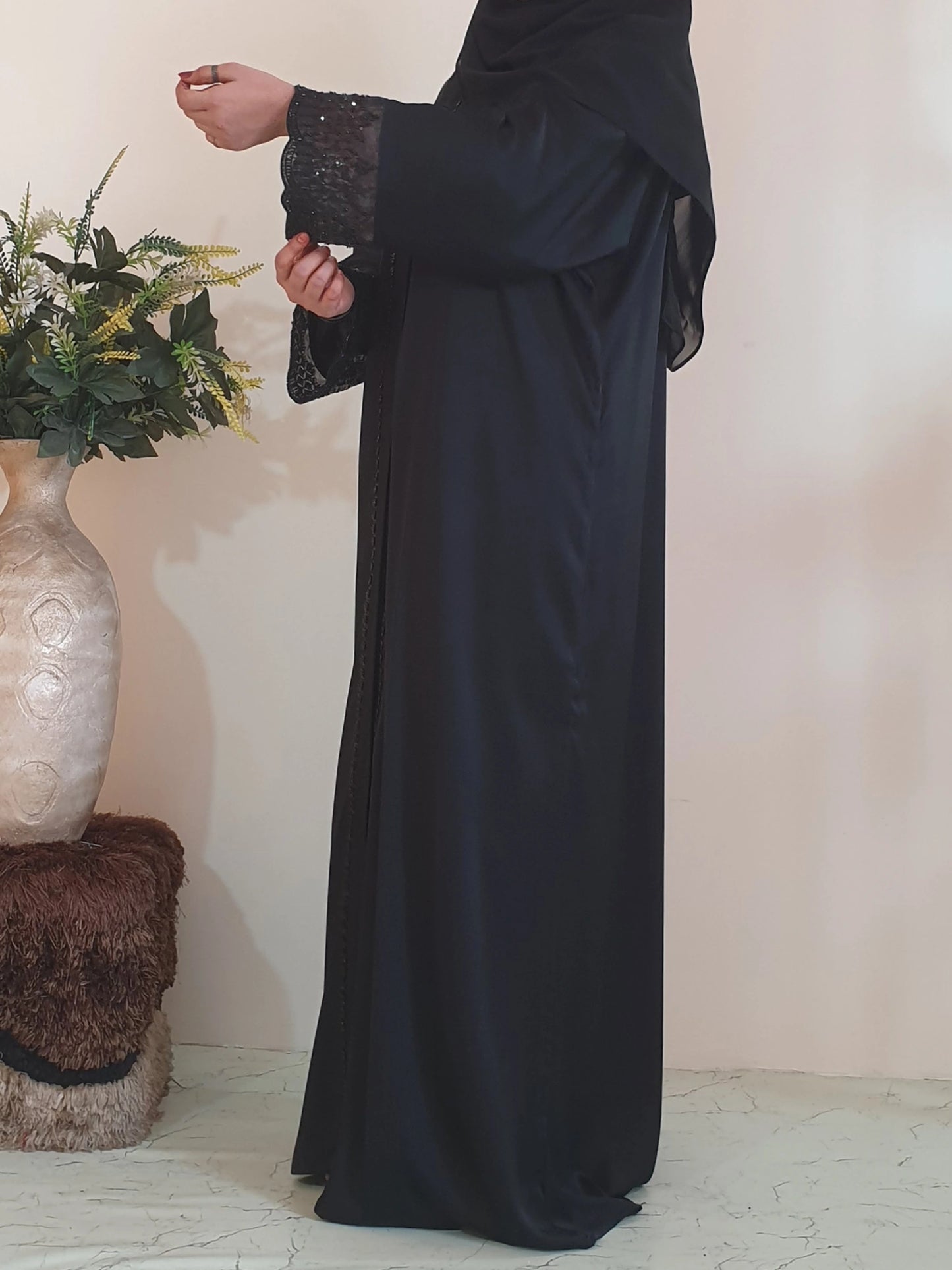 Black Beaded Sleeves Abaya - Imported Tiktok - Front Open