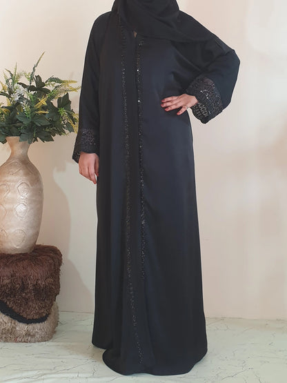 Black Beaded Sleeves Abaya - Imported Tiktok - Front Open