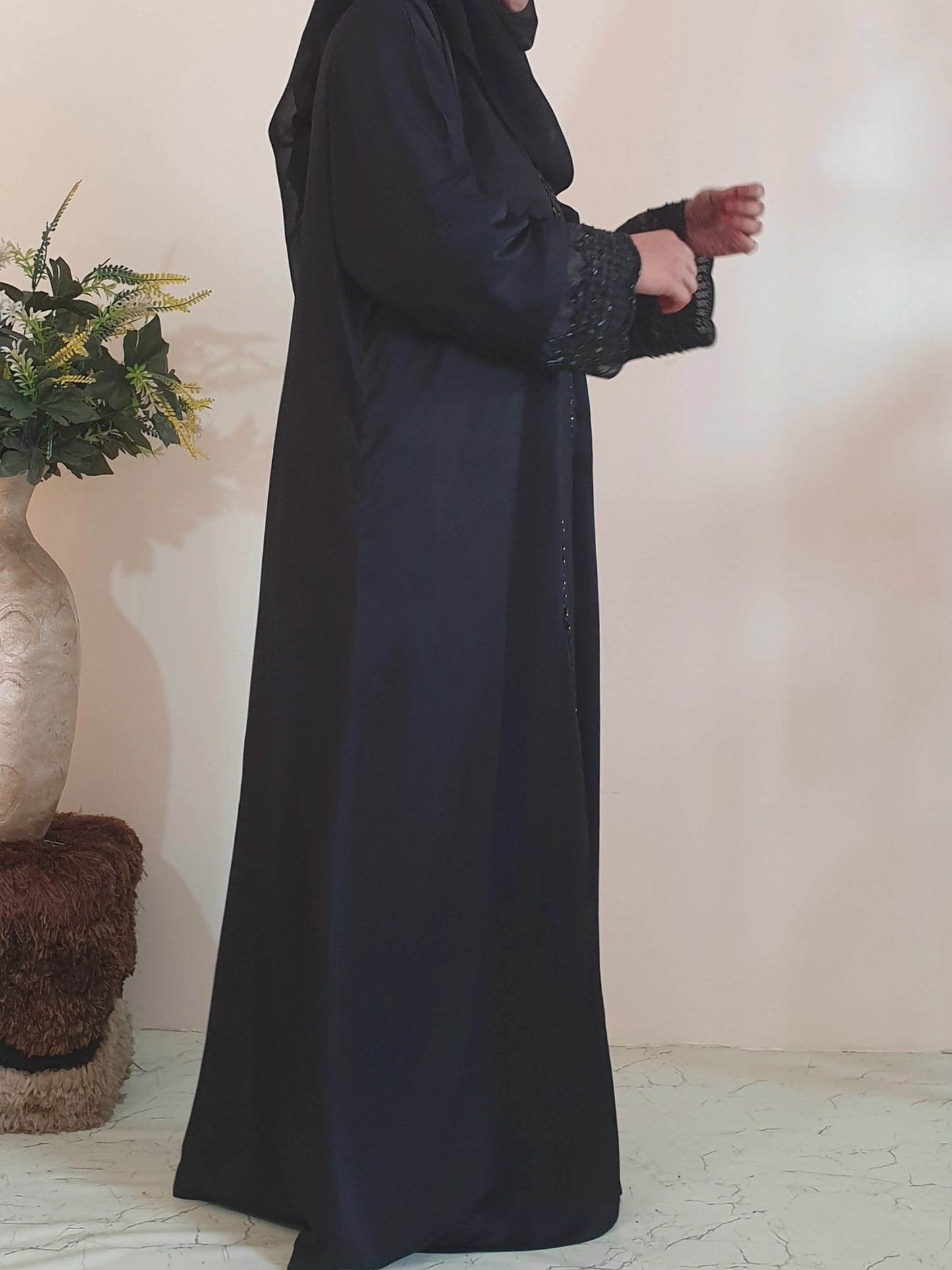 Black Beaded Sleeves Abaya - Imported Tiktok - Front Open