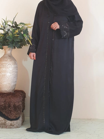 Black Beaded Sleeves Abaya - Imported Tiktok - Front Open