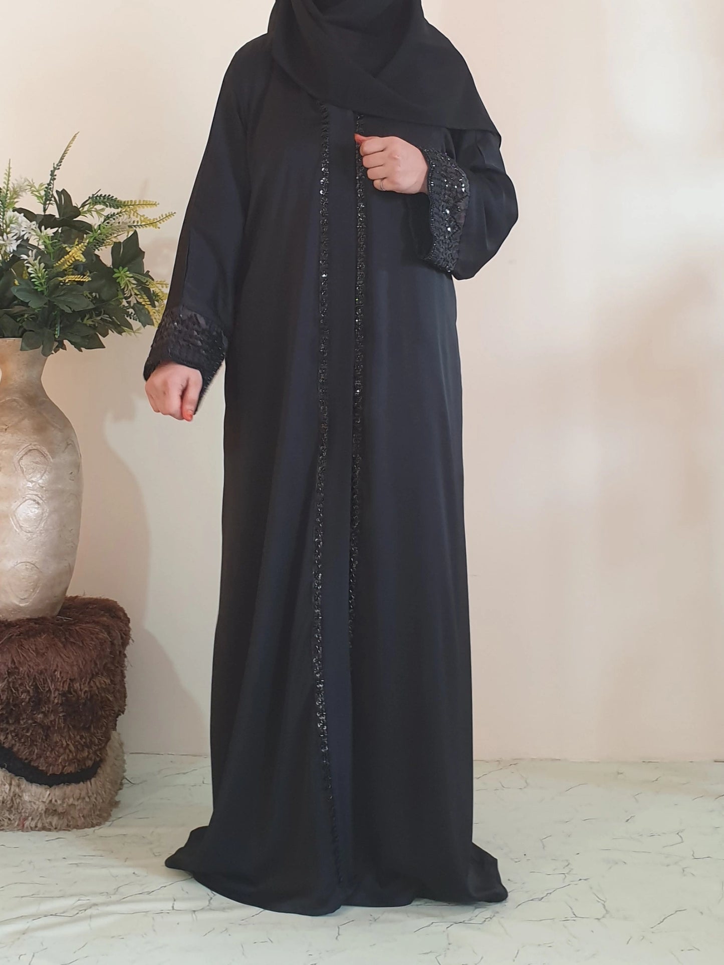 Black Beaded Sleeves Abaya - Imported Tiktok - Front Open