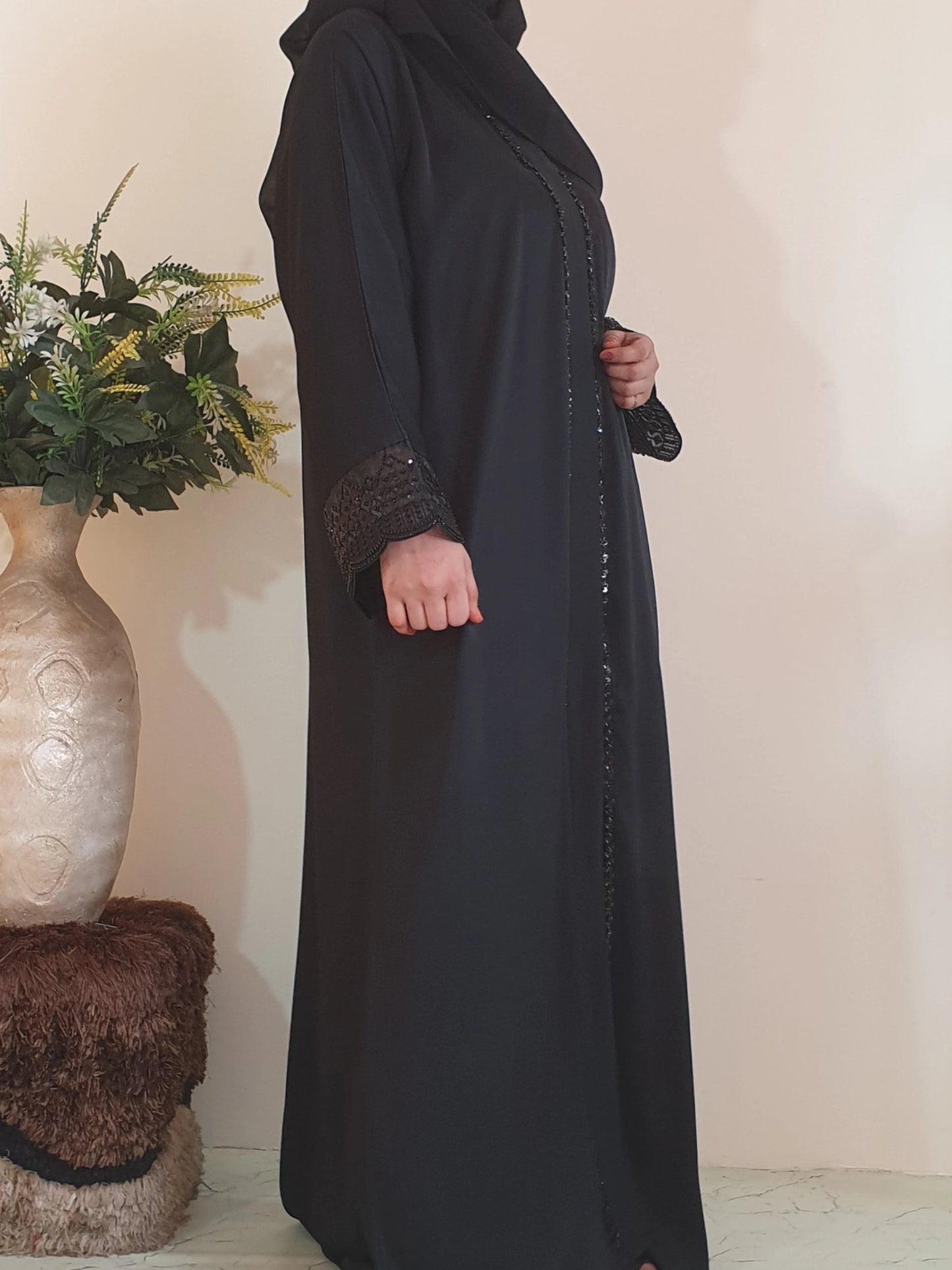 Black Beaded Sleeves Abaya - Imported Tiktok - Front Open