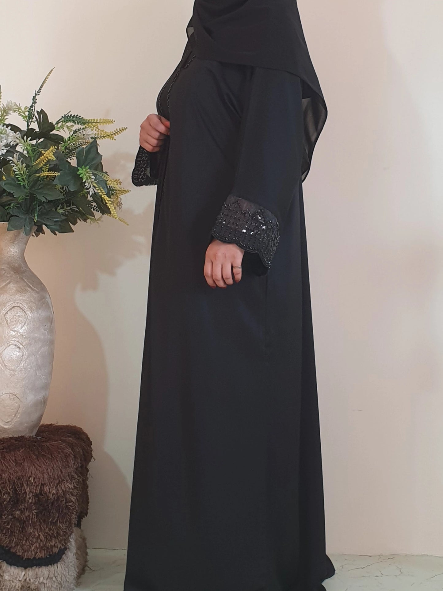 Black Beaded Sleeves Abaya - Imported Tiktok - Front Open