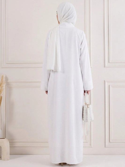 White CEY Crush Abaya with Folded Patti - Front Closed