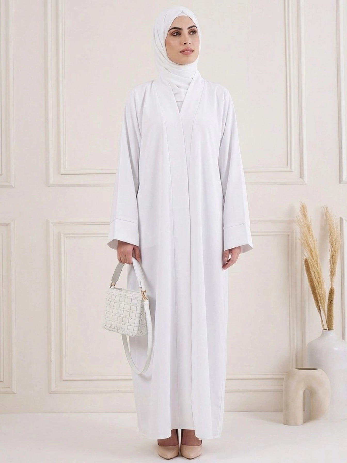 White CEY Crush Abaya with Folded Patti - Front Closed