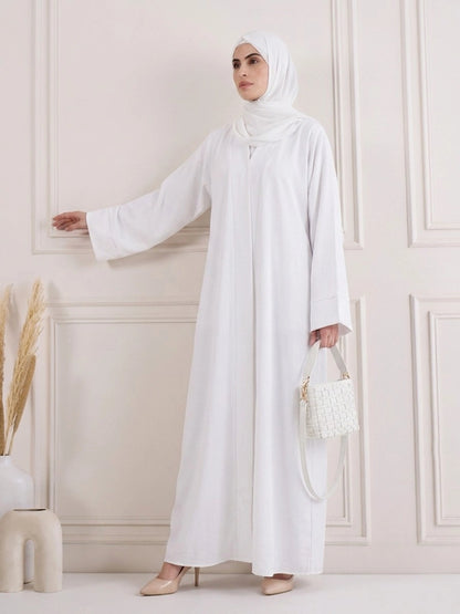 White CEY Crush Abaya with Folded Patti - Front Closed