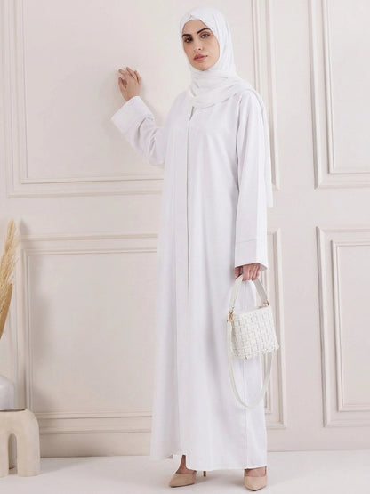 White CEY Crush Abaya with Folded Patti - Front Closed