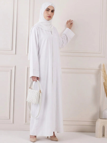 White CEY Crush Abaya with Folded Patti - Front Closed